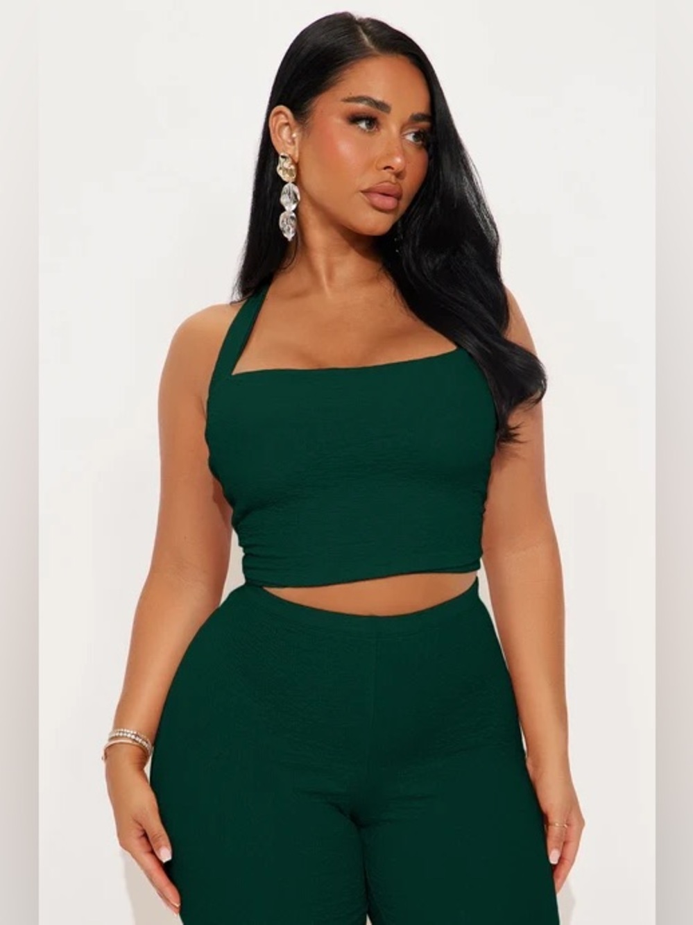 Fashion Nova Dark Green Halter Crop Top & Capri Set - Picture 2 of 4